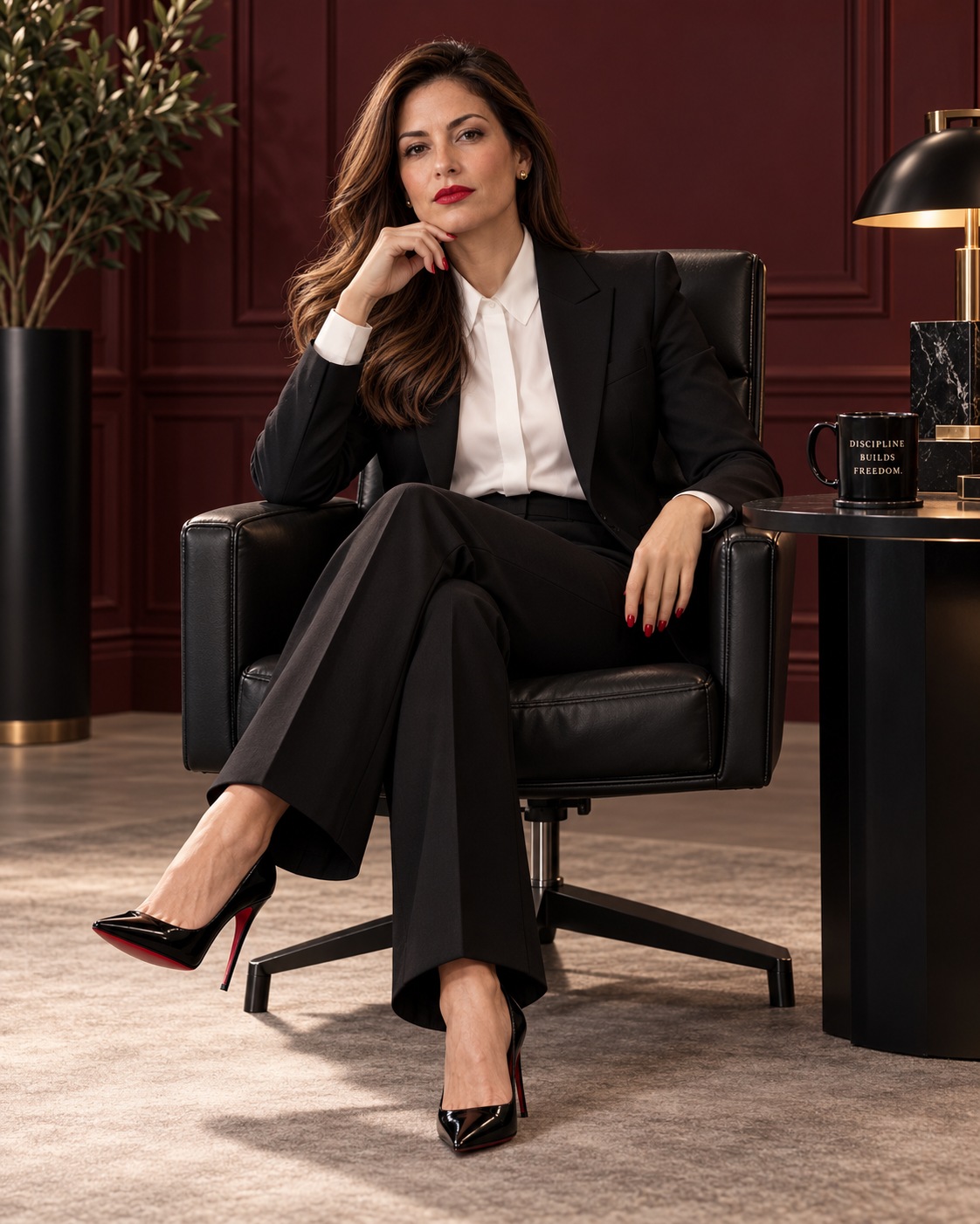 Editorial portrait in a burgundy lounge